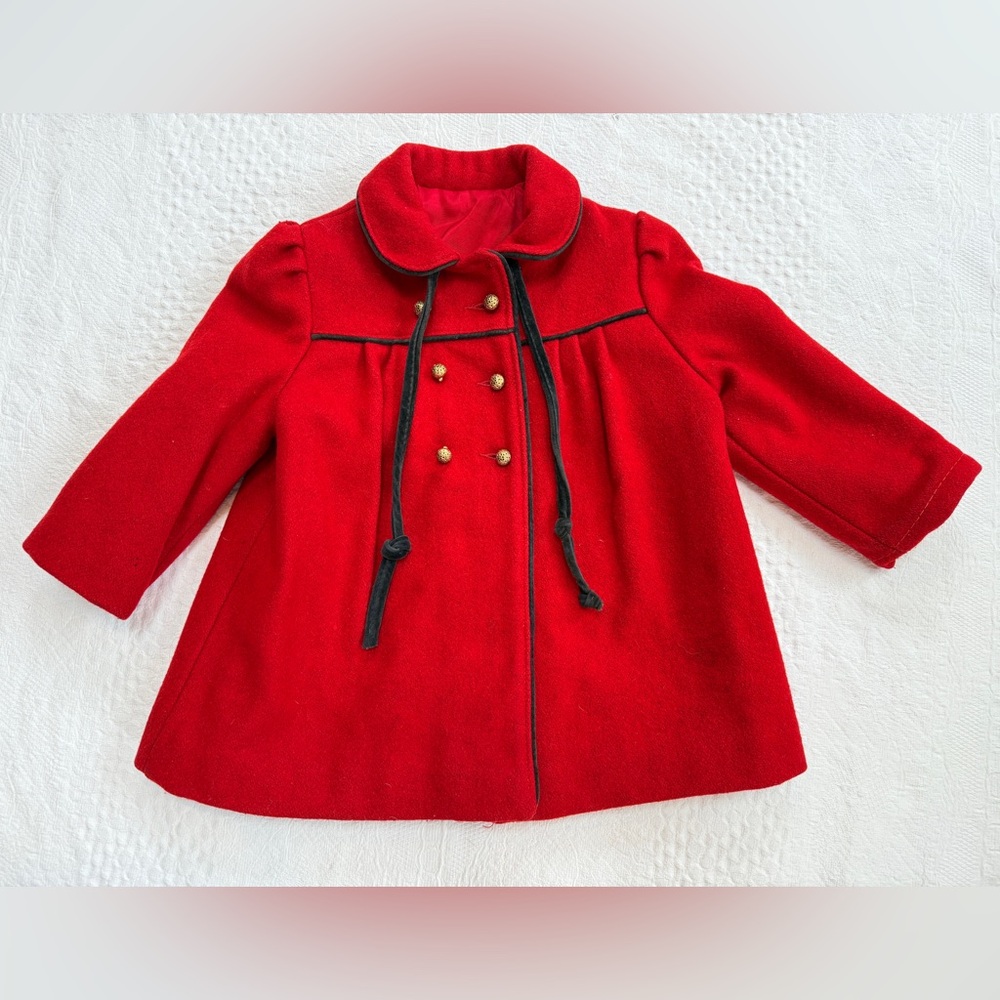 Vintage 60s Cute Togs Red Wool Toddler Coat 2T Gold Buttons Black Trim